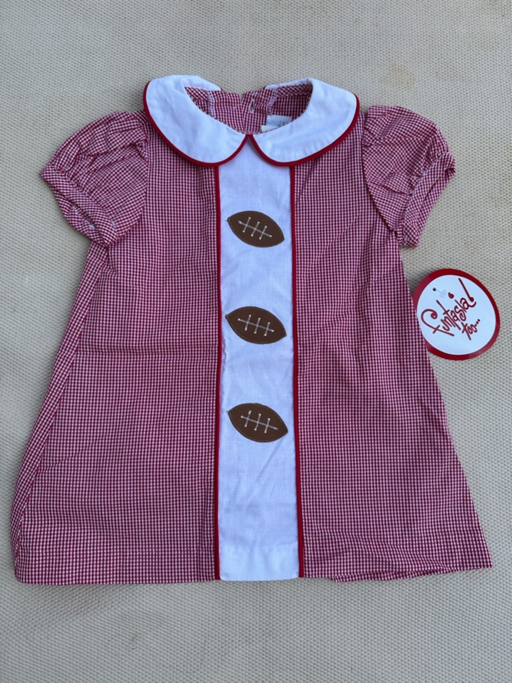 Girls Red Gingham Football Applique Dress